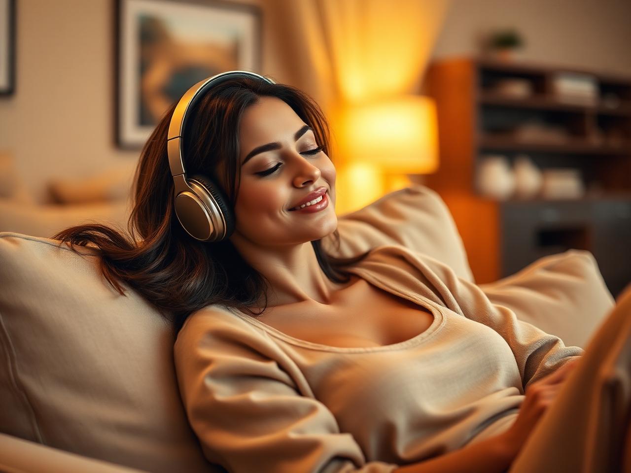 Mulher relaxando no sofá ouvindo áudio do Método Raiz Neural com fone de ouvido